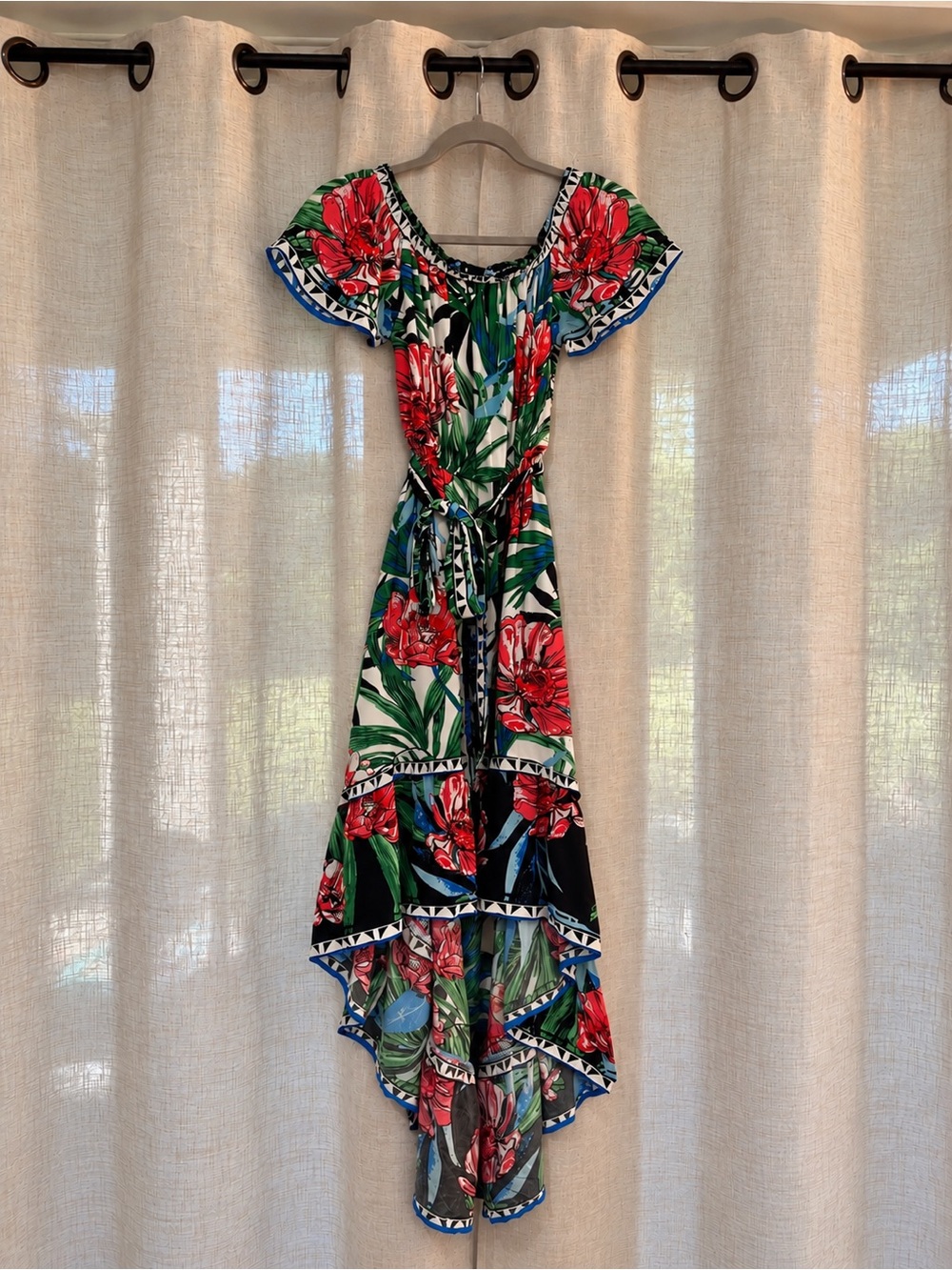 Flying Tomato Tropical Off-Shoulder High-Low Dress in Red, Green & Blue